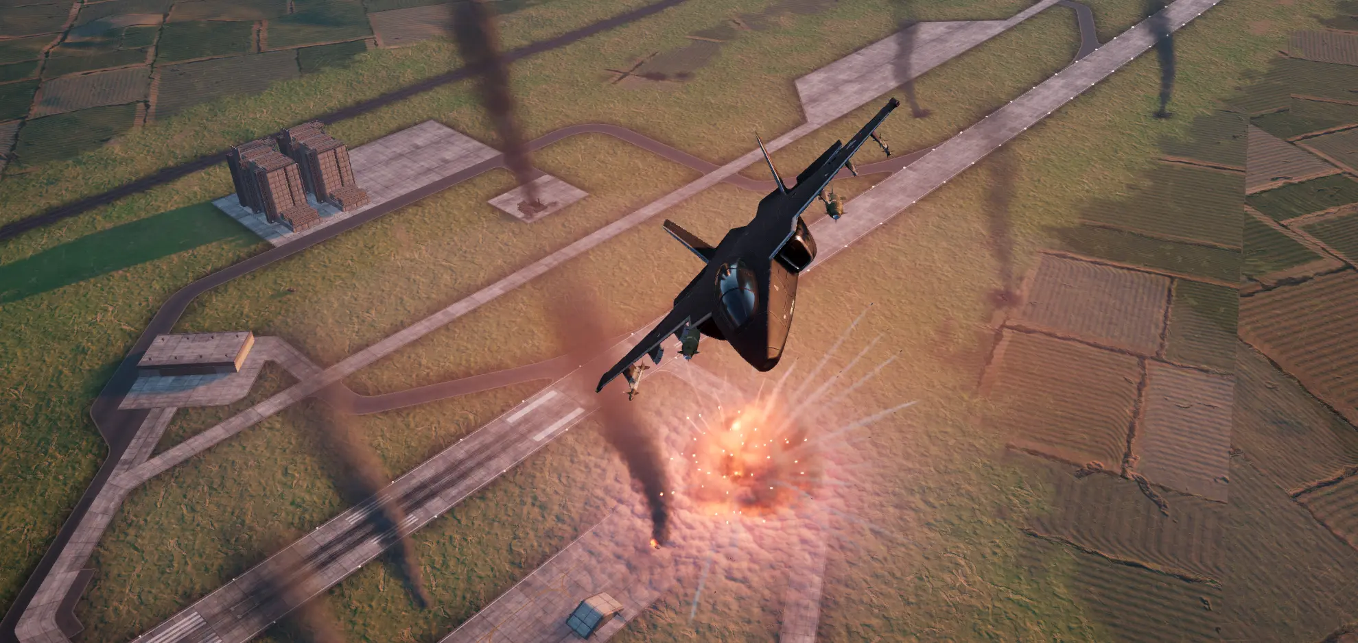 A TA-30 jet after dropping a bomb on City airbase, while smoke is billowing from destroyed buildings